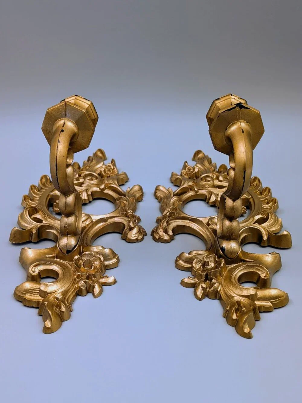Vintage 1962 SYROCO Molded Resin Gold Tone Candleholder Wall Sconces - Set of 2
